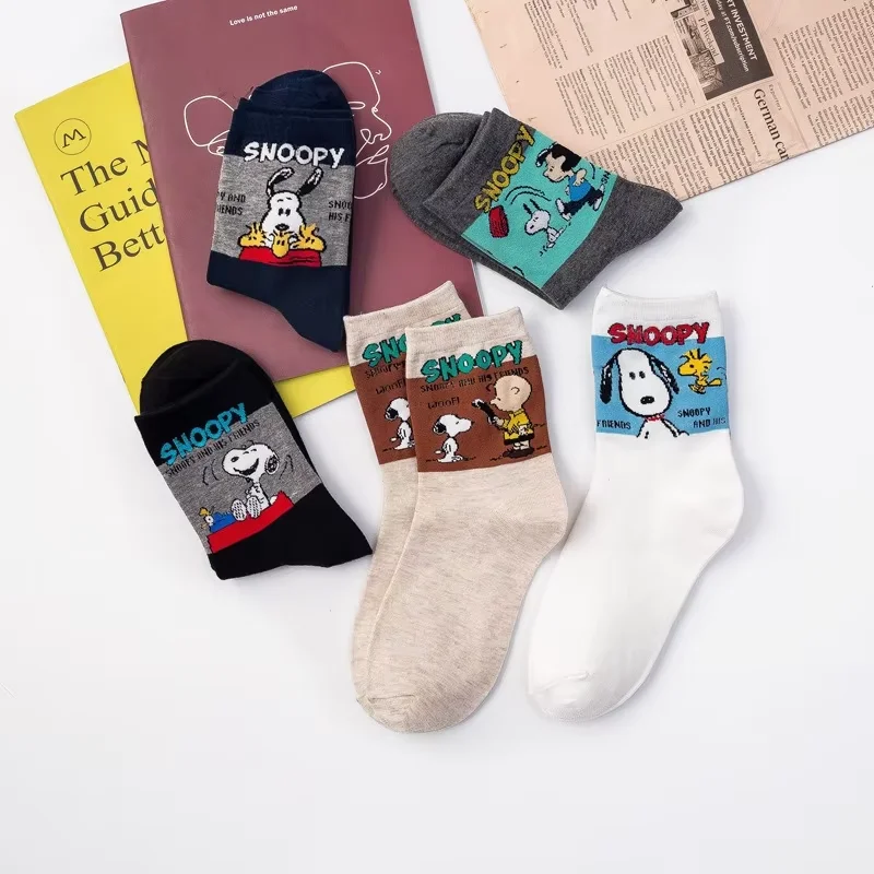 5Pcs Cartoon Kawaii Snoopy Charlie Brown Long Winter Socks Cotton Socks Couple Fashion Cute Girl Christmas Gift For Girlfriend 5